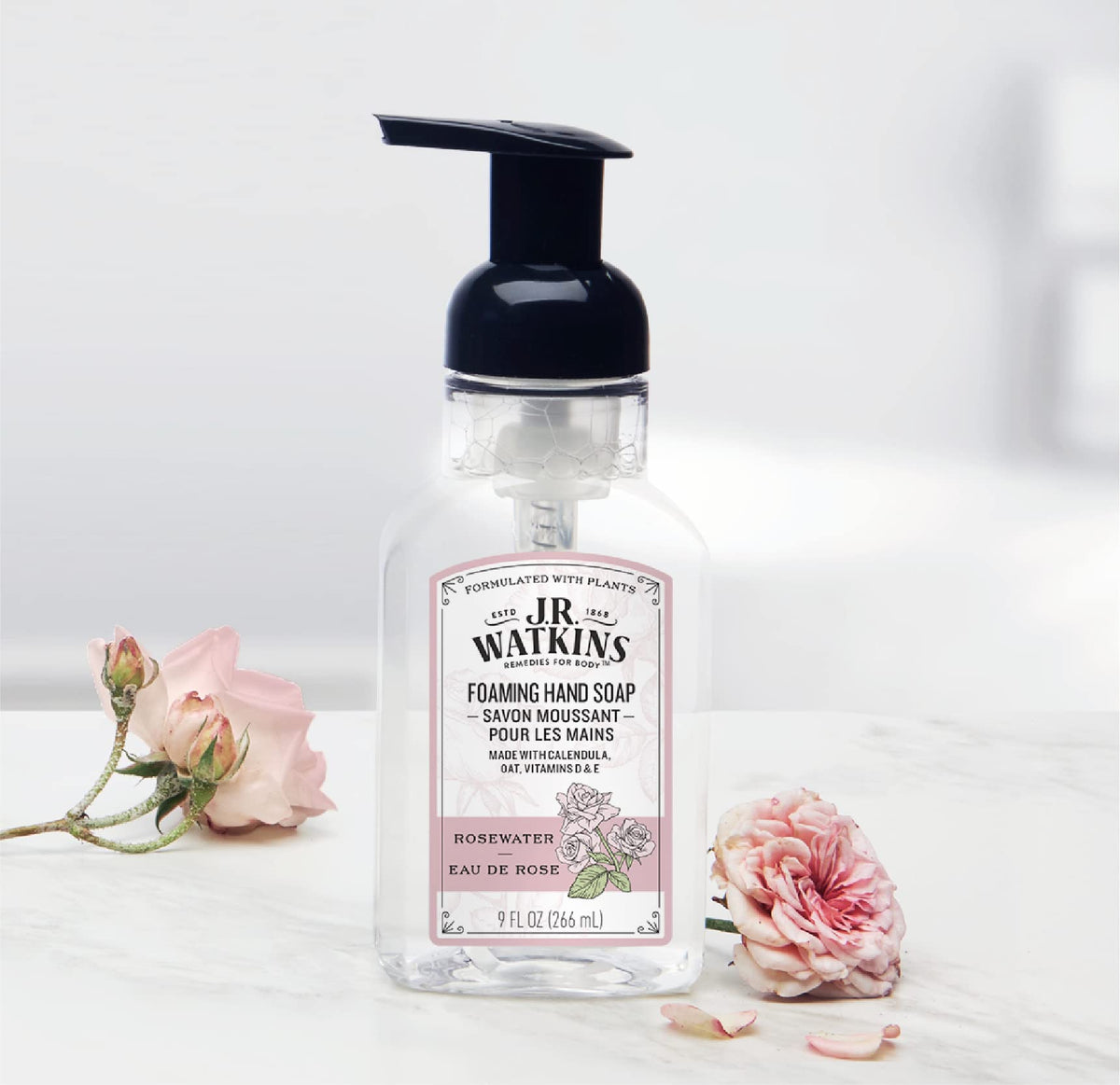 J.R. Watkins bottle label close-up highlighting plant-based ingredients and scent