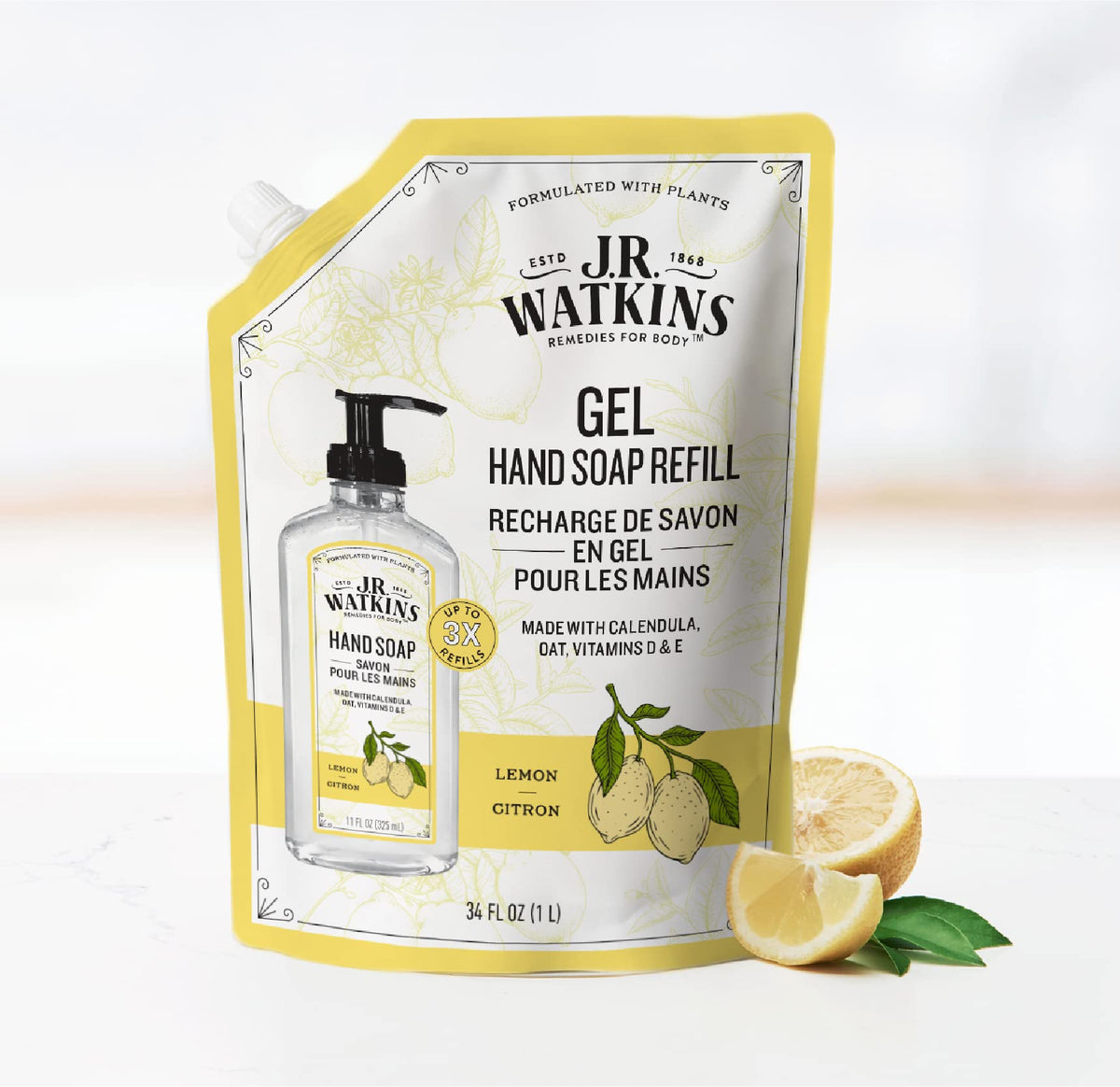 J.R. Watkins refill demo pouring into pump bottle showing spill-free use