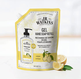 J.R. Watkins refill demo pouring into pump bottle showing spill-free use