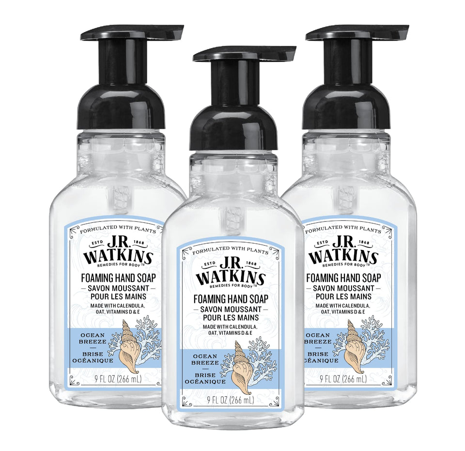 J.R. Watkins front packaging showing three Brise Marine bottles, practical refill benefit
