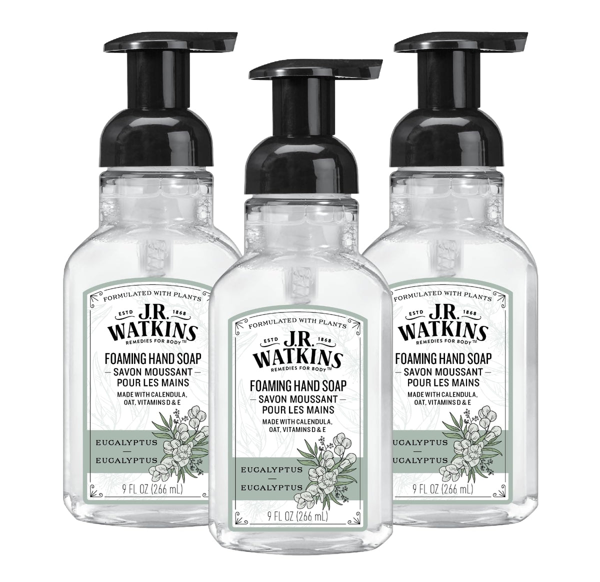 J.R. Watkins front packaging showing eucalyptus scent and pump benefits