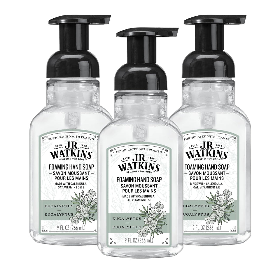 J.R. Watkins front packaging showing eucalyptus scent and pump benefits