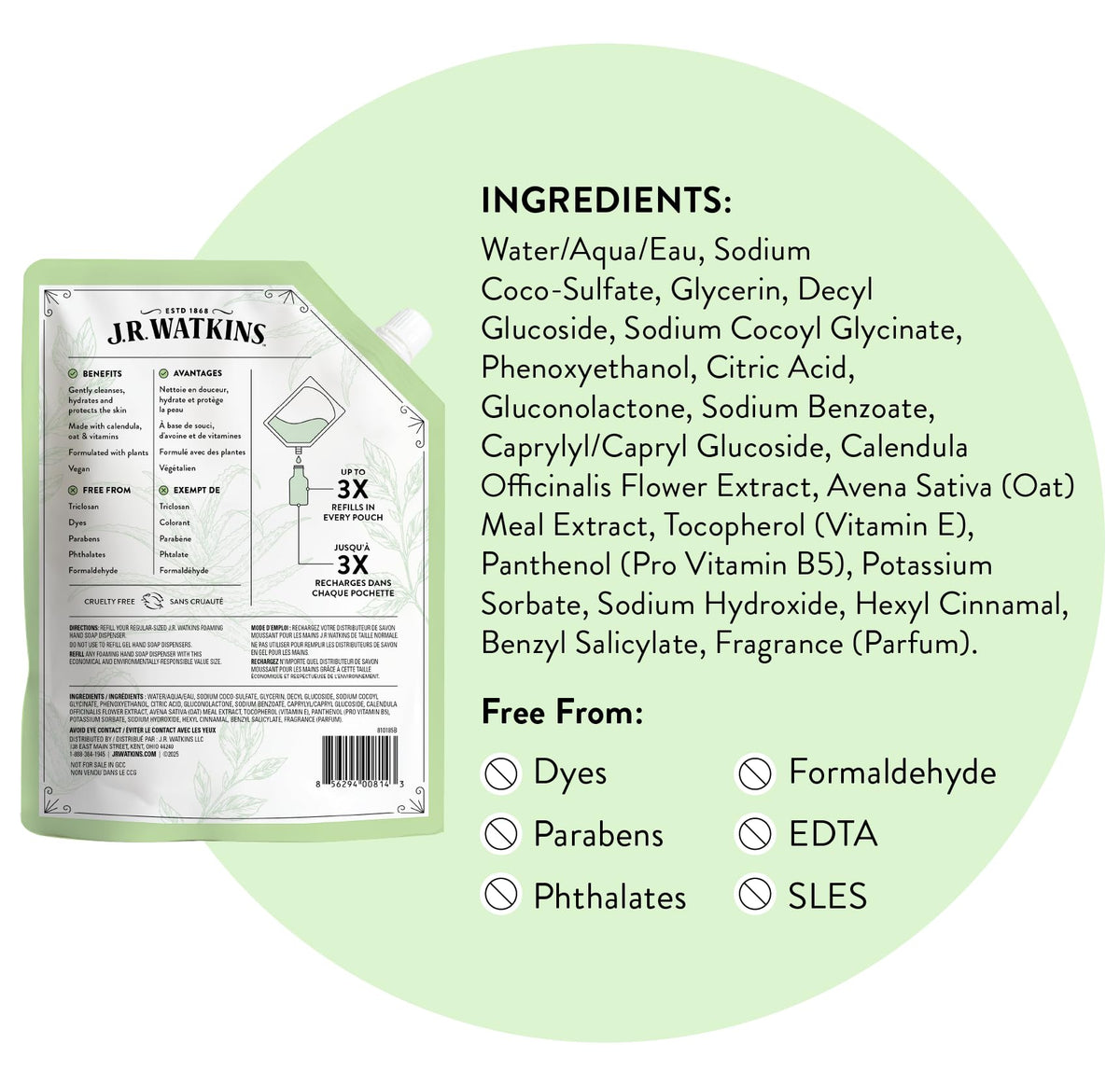 Close-up of plant-based ingredients on J.R. Watkins bottle emphasizing natural formula