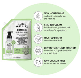 Close-up of J.R. Watkins label detail highlighting aloe and green tea benefit