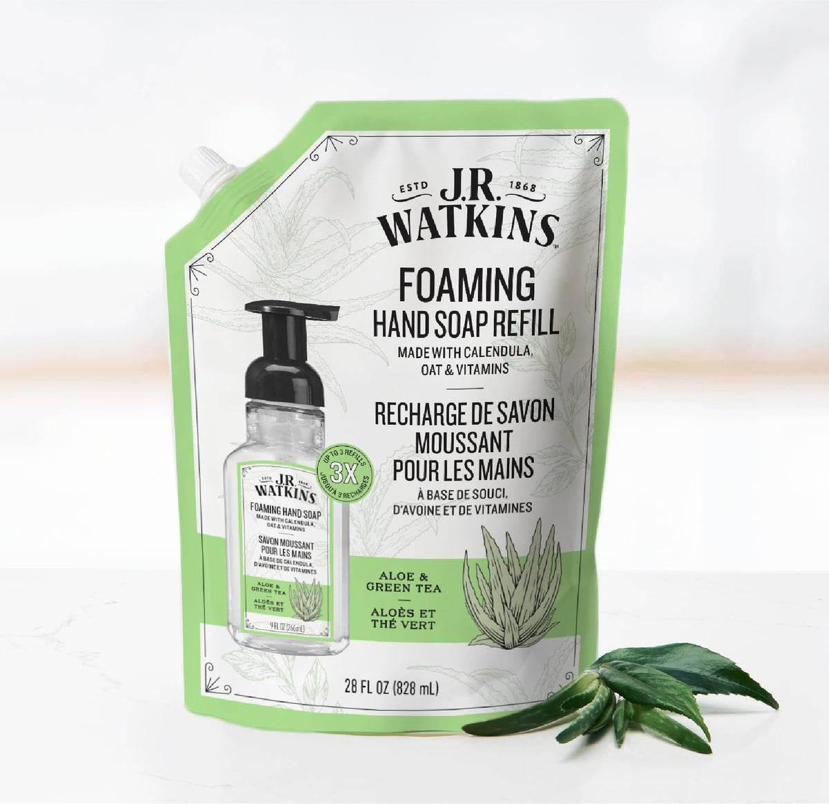 Foamy lather dispensed from J.R. Watkins refill demonstrating gentle cleansing