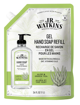 J.R. Watkins front packaging showing aloe green tea and refill benefit