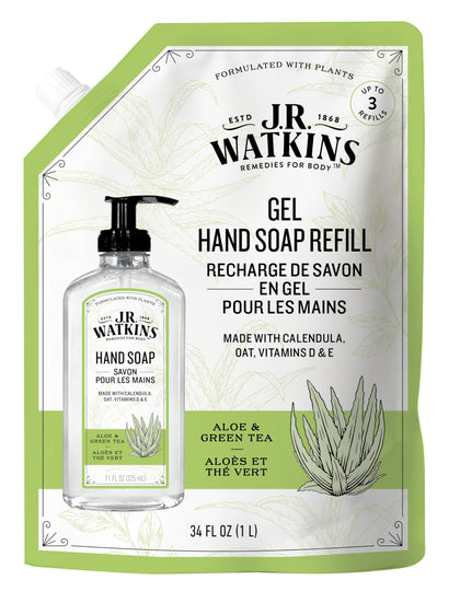J.R. Watkins front packaging showing aloe green tea and refill benefit