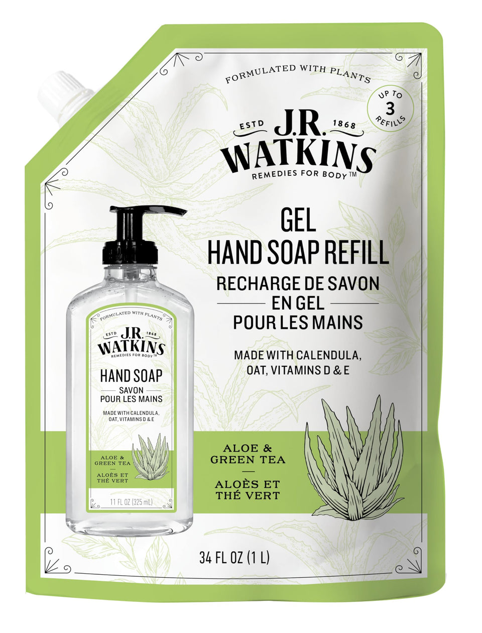 J.R. Watkins front packaging showing aloe green tea and refill benefit