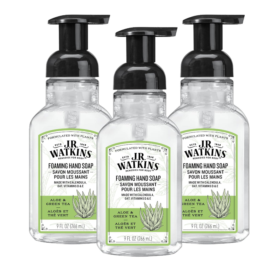 J.R. Watkins front packaging showing aloe and green tea, indicating gentle cleansing