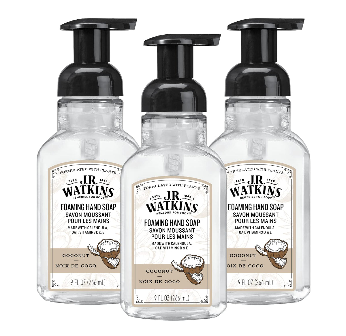 J.R. Watkins front packaging showing coconut scent and moisturizing benefit