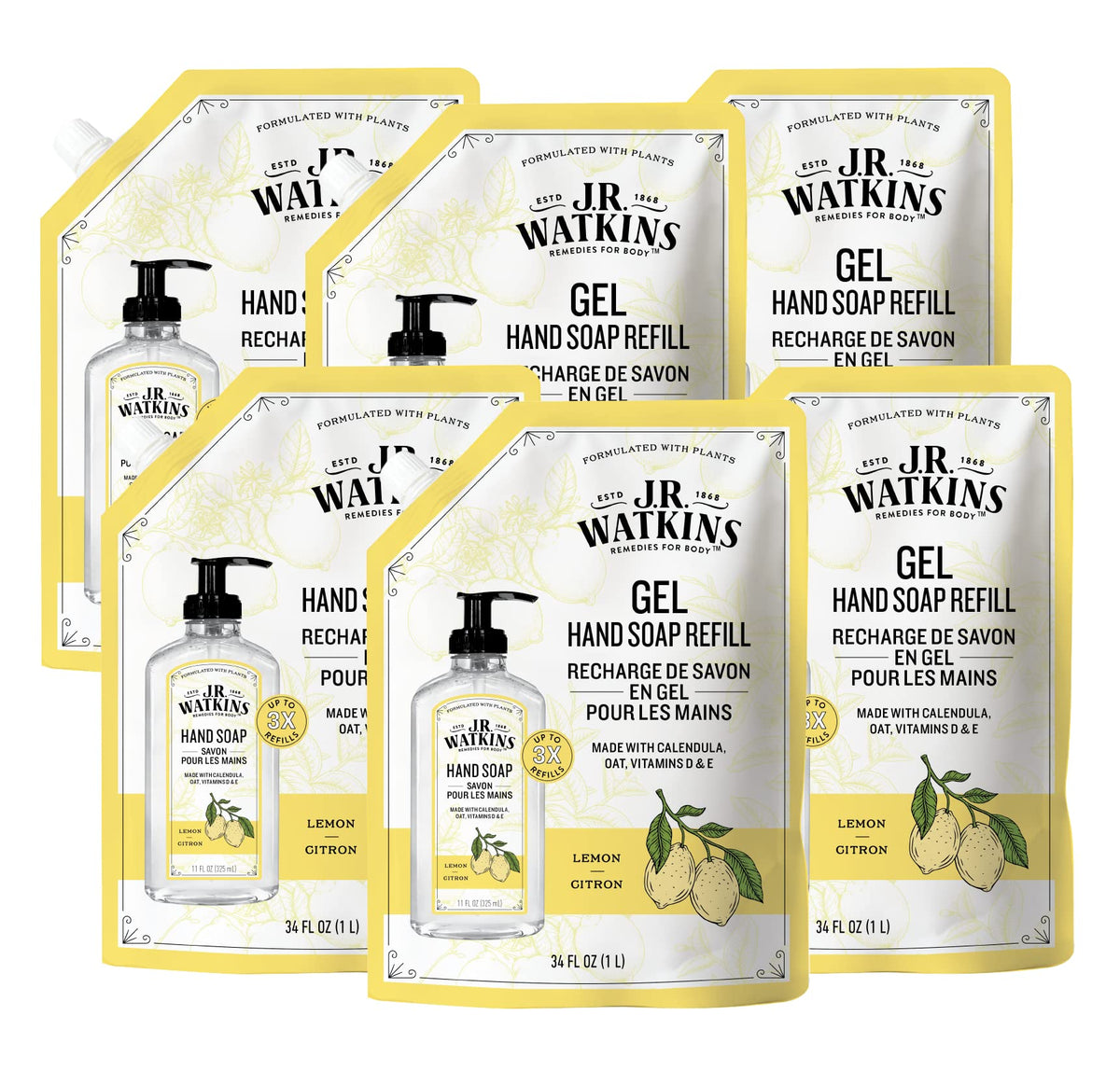 J.R. Watkins front packaging showing lemon refill pouch and value pack benefit
