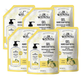 J.R. Watkins front packaging showing lemon refill pouch and value pack benefit