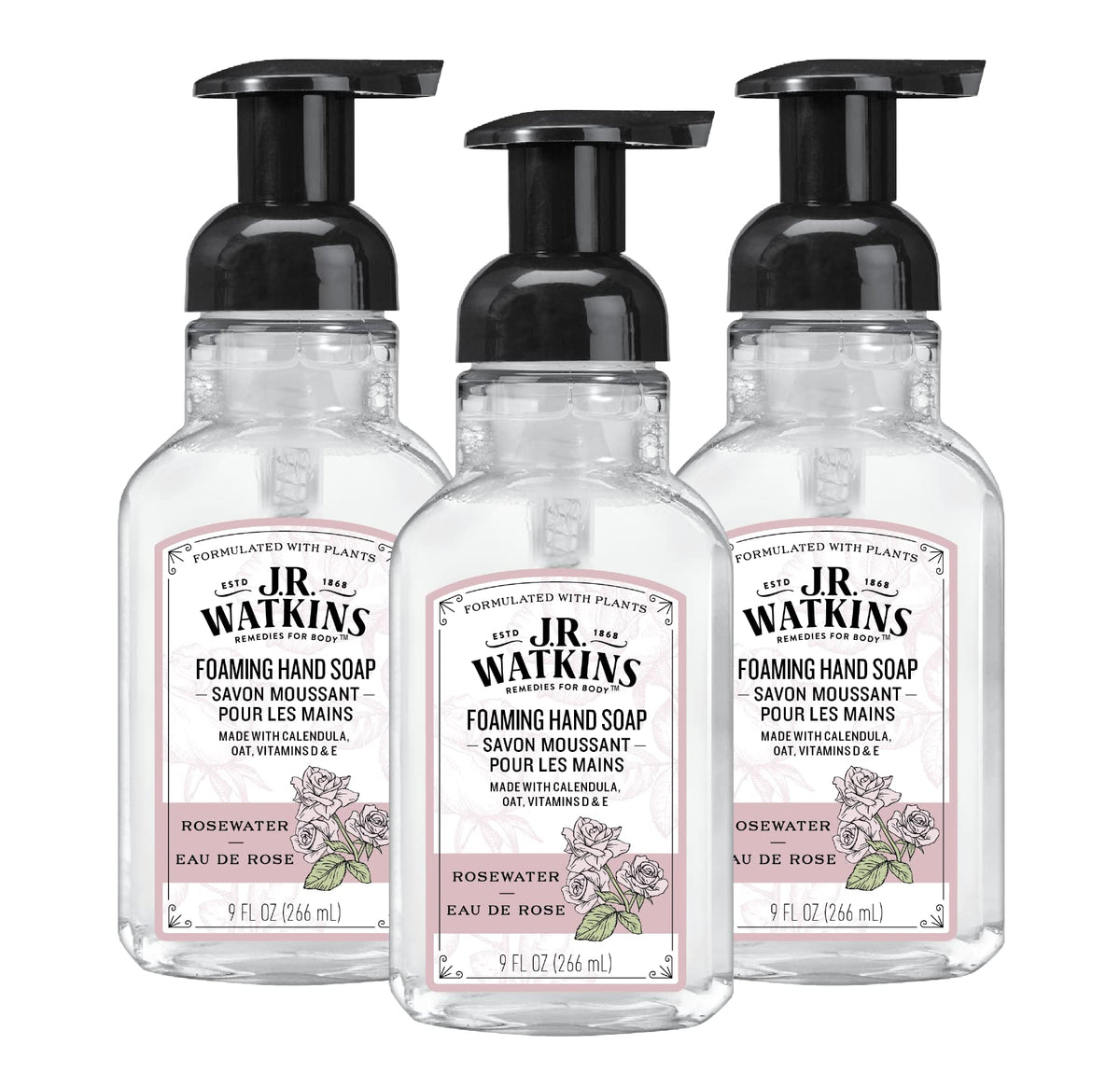 J.R. Watkins front packaging showing three 9 fl oz bottles and clear benefit