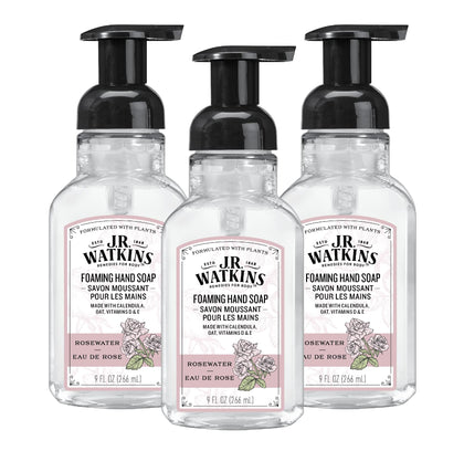 J.R. Watkins front packaging showing three 9 fl oz bottles and clear benefit