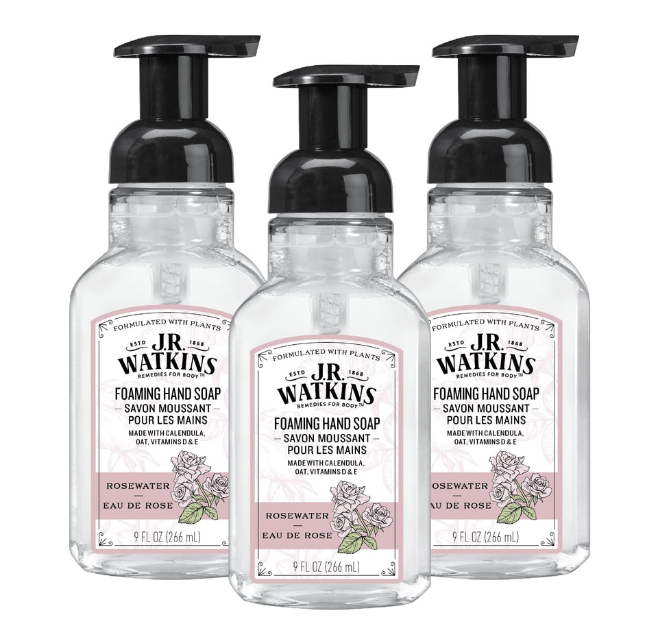 J.R. Watkins front packaging showing three 9 fl oz bottles and clear benefit
