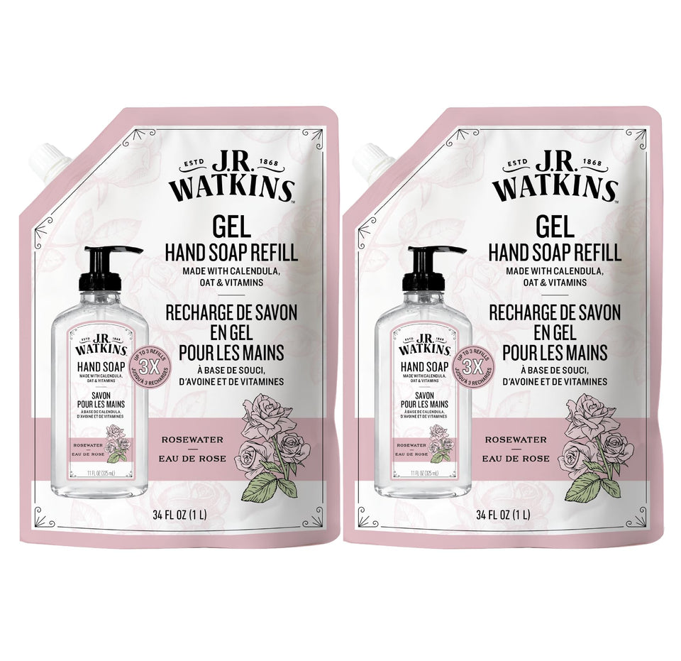 J.R. Watkins front pouch showing rosewater label and benefits