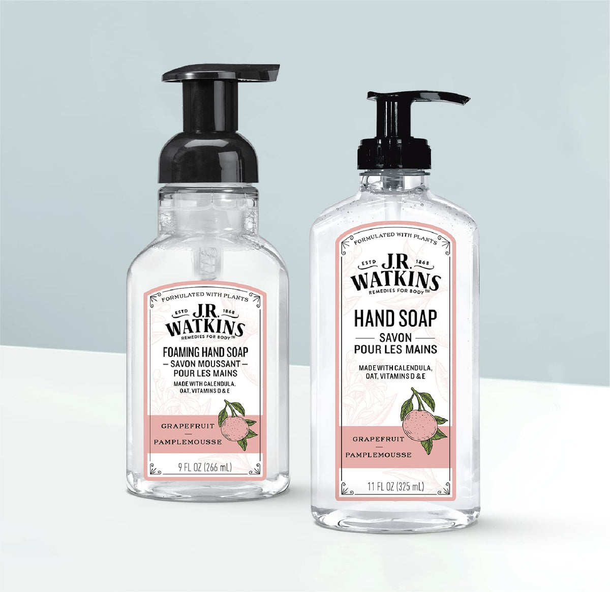 J.R. Watkins pump dispensing gel into hand demonstrating easy-lather benefit