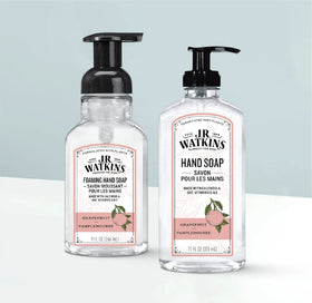 J.R. Watkins pump dispensing gel into hand demonstrating easy-lather benefit
