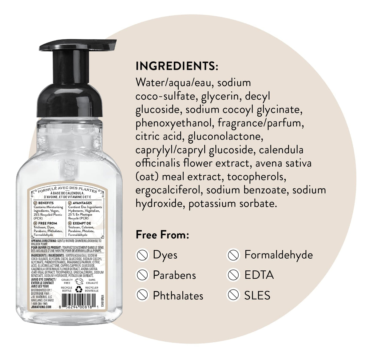 J.R. Watkins bottle by kitchen sink showing quick foaming wash benefit