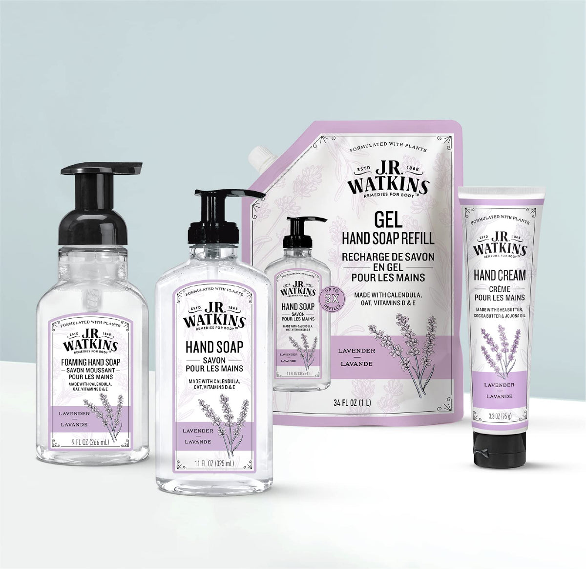 J.R. Watkins bottle on bathroom counter suggesting fresh scented environment benefit
