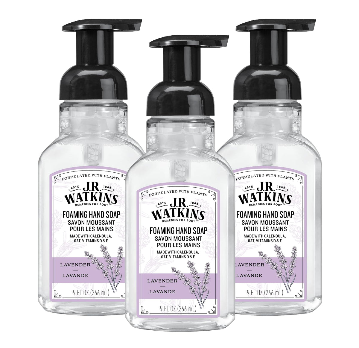 J.R. Watkins front packaging showing lavender foam and gentle cleansing benefit
