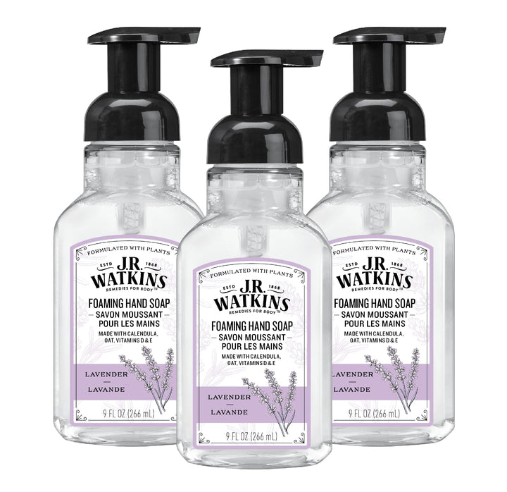 J.R. Watkins front packaging showing lavender foam and gentle cleansing benefit