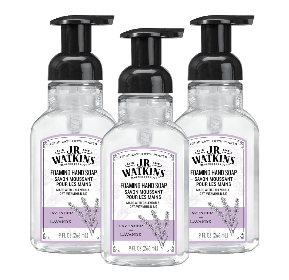 J.R. Watkins front packaging showing lavender foam and gentle cleansing benefit