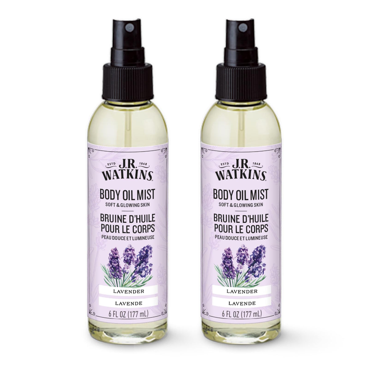 J.R. Watkins front packaging showing two lavender body oil mists and benefits