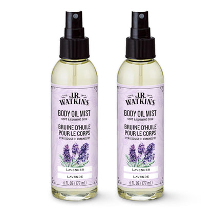 J.R. Watkins front packaging showing two lavender body oil mists and benefits