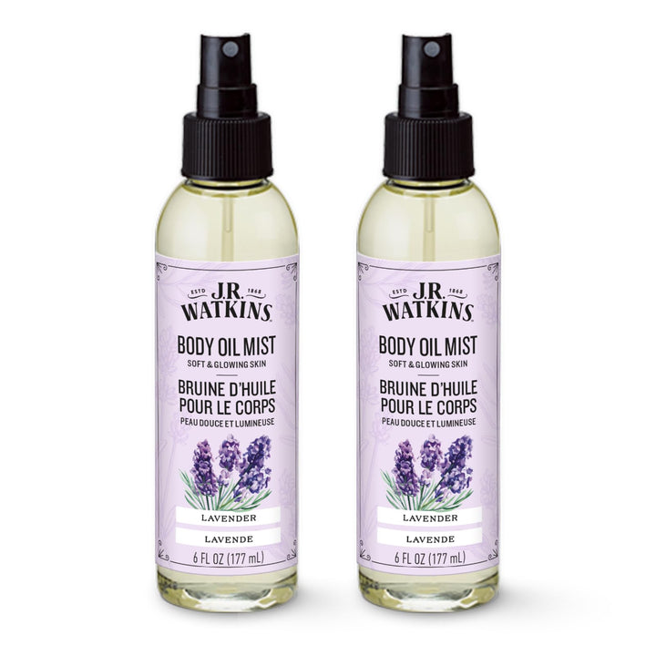 J.R. Watkins front packaging showing two lavender body oil mists and benefits