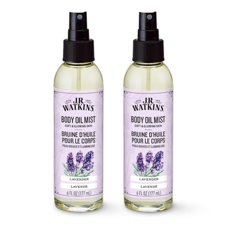 J.R. Watkins front packaging showing two lavender body oil mists and benefits