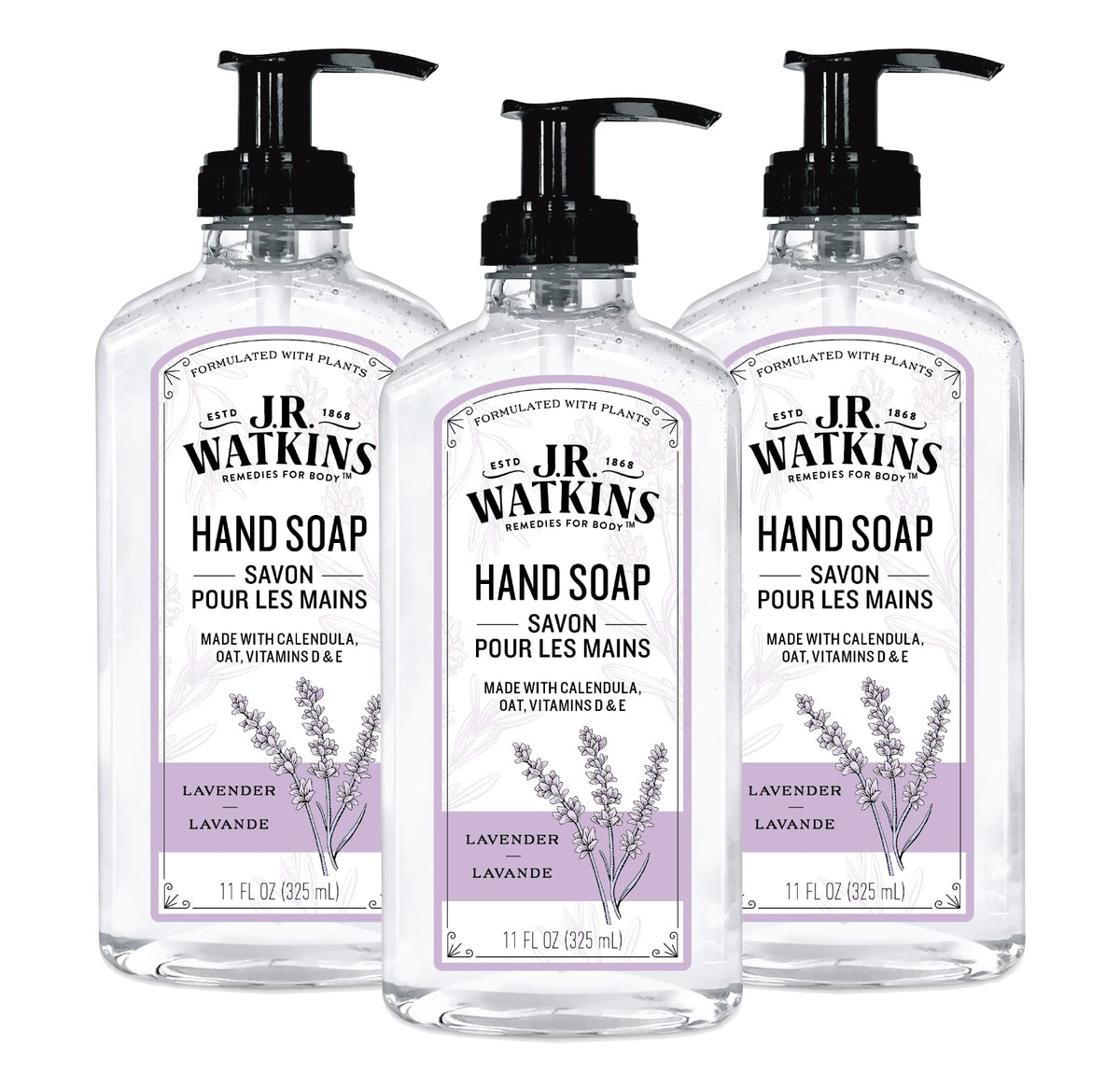J.R. Watkins front packaging showing lavender bottles and clear labeling, calming scent benefit