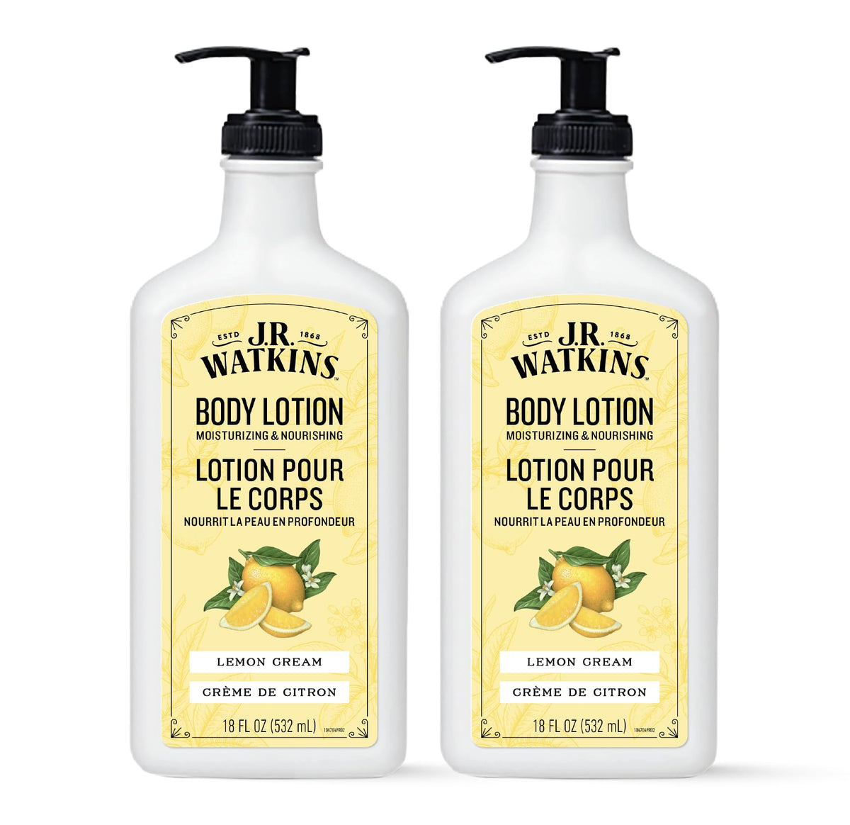 J.R. Watkins front packaging showing two 18 fl oz bottles and bright lemon cream scent