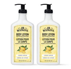 J.R. Watkins front packaging showing two 18 fl oz bottles and bright lemon cream scent