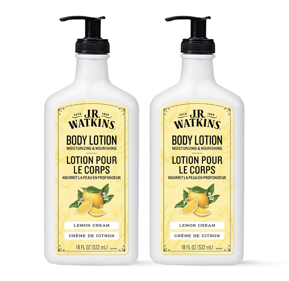 J.R. Watkins front packaging showing two 18 fl oz bottles and bright lemon cream scent