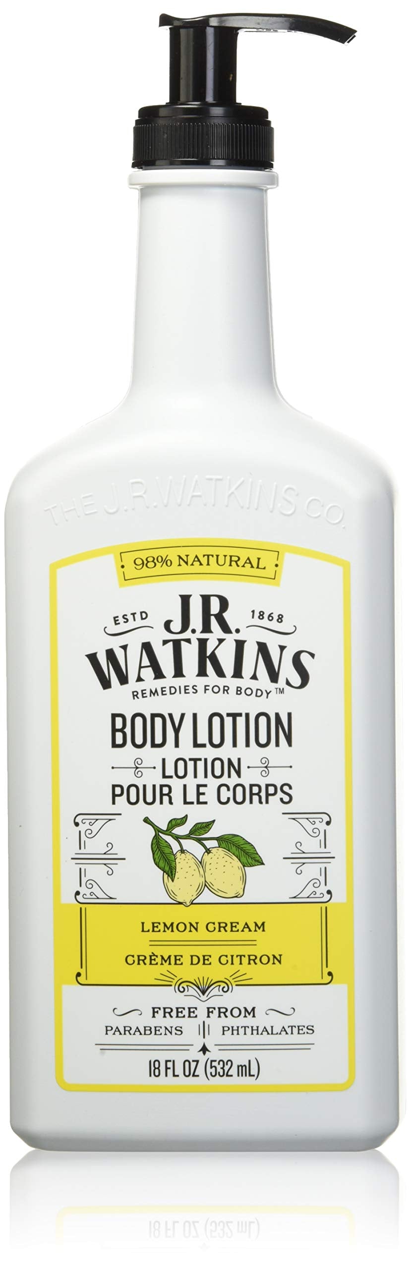 J.R. Watkins front packaging showing 18 fl oz bottle and label, highlighting natural ingredients benefit