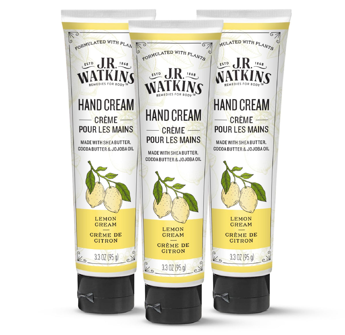 J.R. Watkins front packaging showing three Lemon Cream tubes and benefits