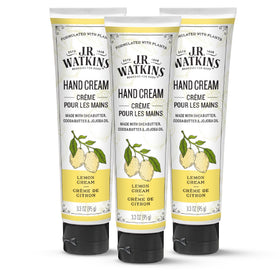 J.R. Watkins front packaging showing three Lemon Cream tubes and benefits