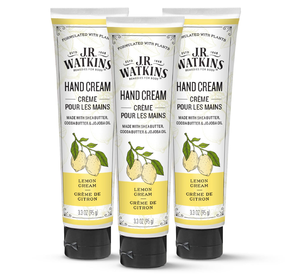 J.R. Watkins front packaging showing three Lemon Cream tubes and benefits