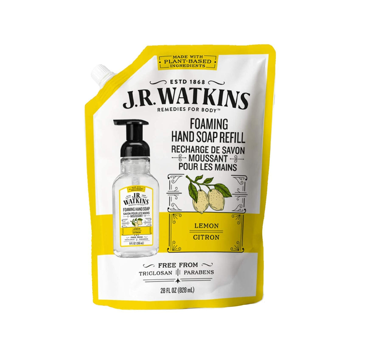 J.R. Watkins lemon foaming hand soap refill front view showing label and size, convenient refill option
