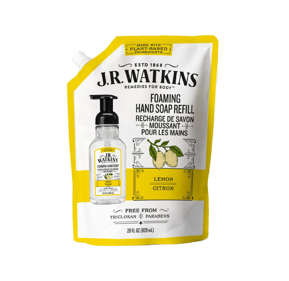 J.R. Watkins lemon foaming hand soap refill front view showing label and size, convenient refill option