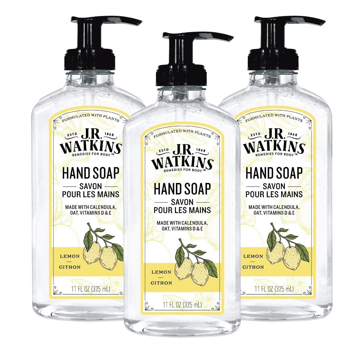 J.R. Watkins front packaging showing lemon scent and three-pack benefit