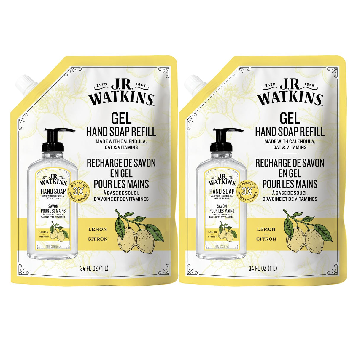 J.R. Watkins front packaging showing lemon pouch and refill benefit
