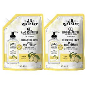 J.R. Watkins front packaging showing lemon pouch and refill benefit