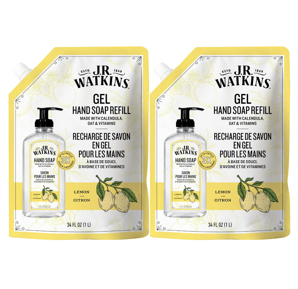 J.R. Watkins front packaging showing lemon pouch and refill benefit