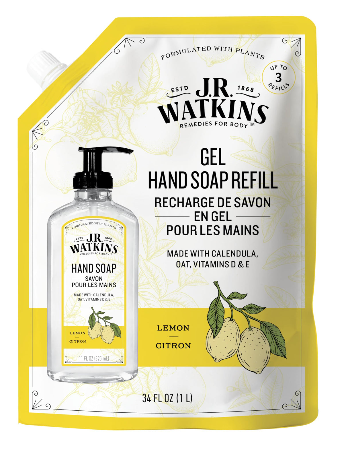 J.R. Watkins front pouch showing lemon refill and easy refilling benefit