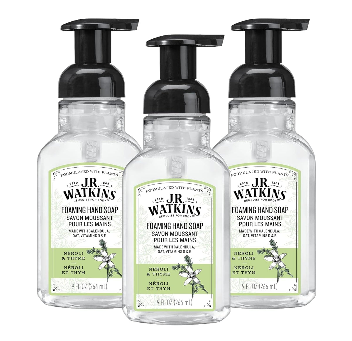 J.R. Watkins front packaging showing 9 fl oz neroli & thyme and pump benefit: easy dispensing