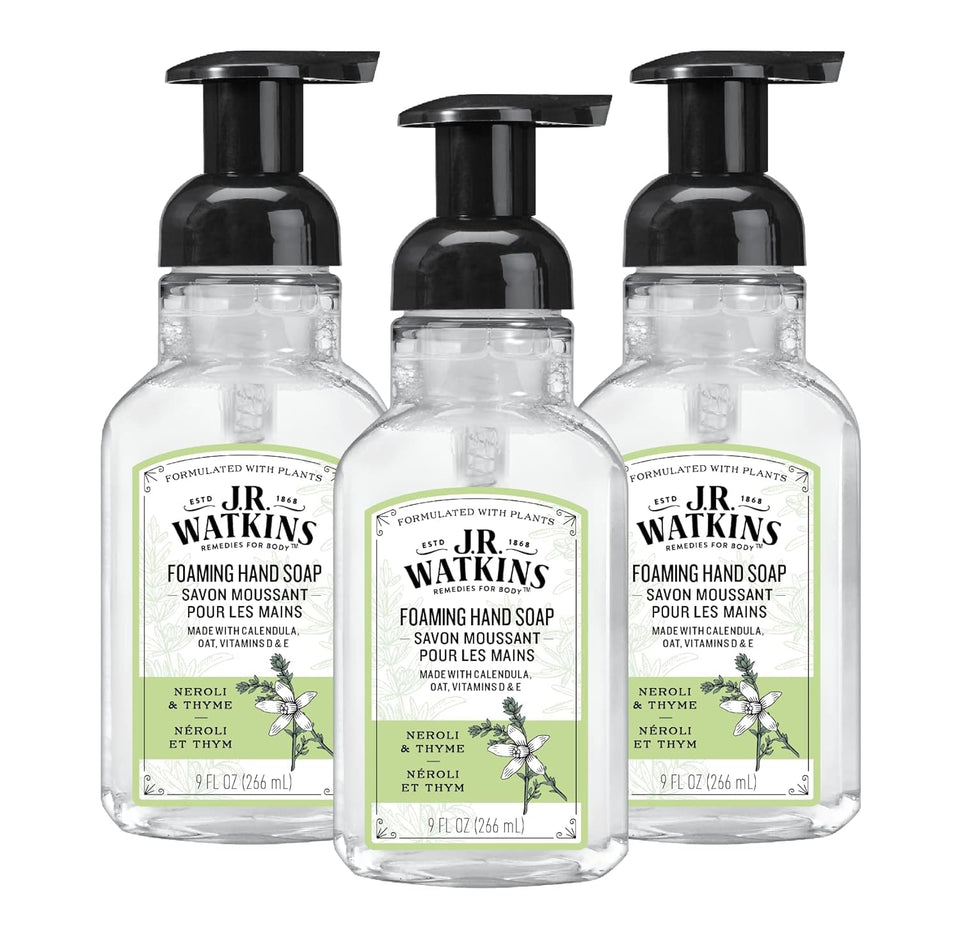 J.R. Watkins front packaging showing 9 fl oz neroli & thyme and pump benefit: easy dispensing