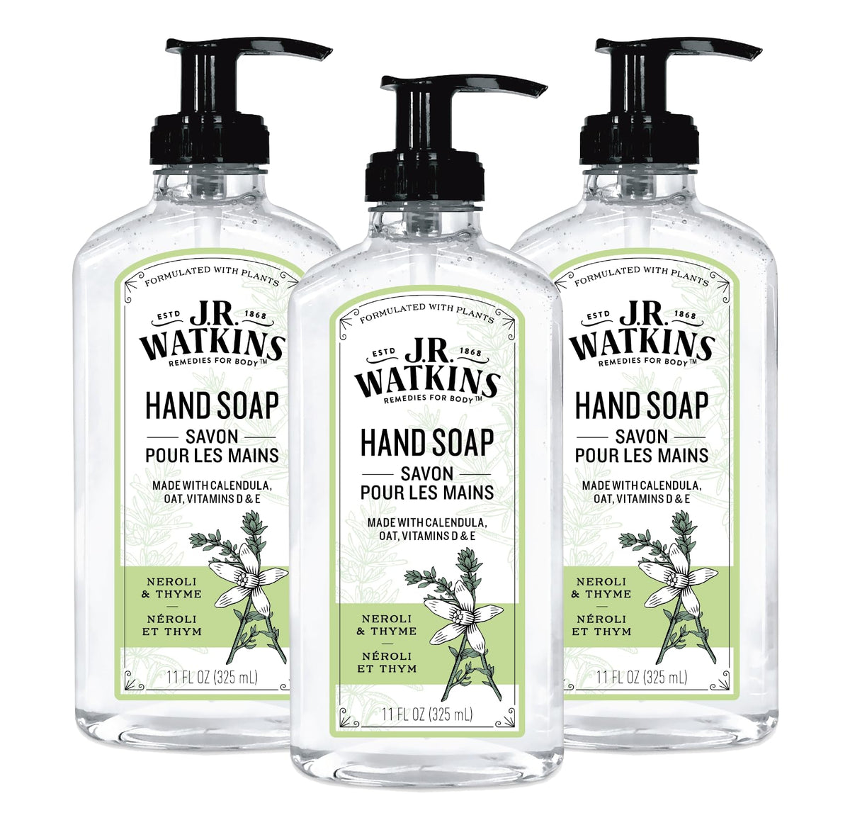 J.R. Watkins front packaging showing three bottles and soothing scent