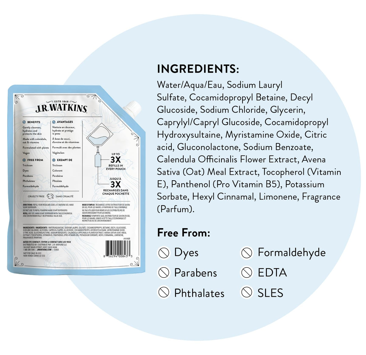 J.R. Watkins refill pouch in bathroom setting suggesting eco-friendly refill routine